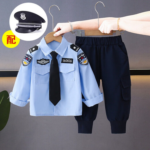 G.DUCKKIDS小黄鸭男童套装春秋季新款儿童警官警察衣服男宝宝演出服装三件套 短袖衬衣+裤子+帽子三件 110 尺码4~5岁【100-110cm】cm