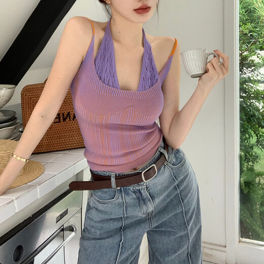雅鹿多巴胺带胸垫挂脖吊带背心女夏海边穿搭外穿港风泰式辣妹上衣 6625白色 均码