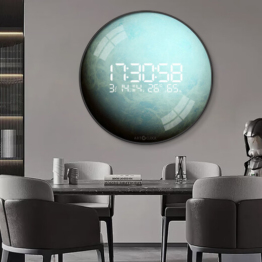 Kleine Gemälde Uhr High-End-Sense kreisförmiger Mond Esszimmer Hänge elektronische Uhr Wanduhr Wohnzimmer 2025 Neue Style-Eingang Dekorative Maluhr ZP3893 [LED Digital Display Screen-Can immer eingestellt werden] 47 Zoll 120*120 cm [elektrisches Modell mit Lichtern]
