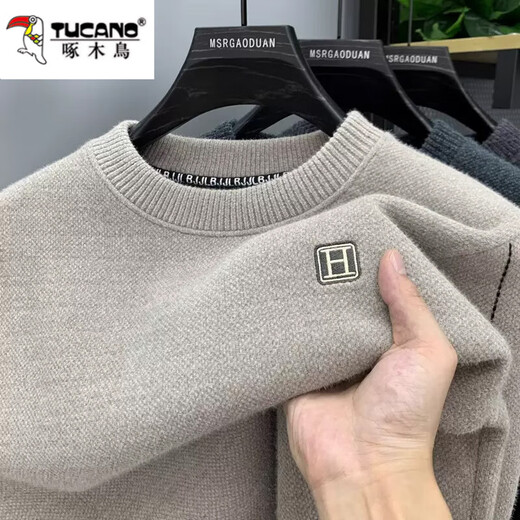 Woodpecker integrated velvet high-end round neck sweater for men's autumn and winter style plus velvet thickened warm base knitted sweater clothes 10749/9906 beige [added velvet thickened] 3XL