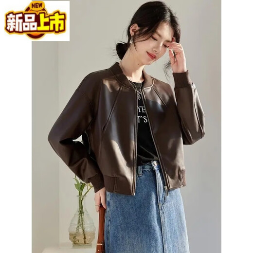 初径（CHUJING）美拉德小个子短款皮衣2024春秋新品气质机车棒球夹克皮衣休闲外套 黑色 收藏商品优先发货 M 95-105斤