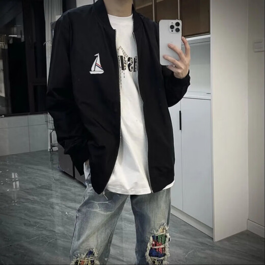 夹克男外套春秋美式高街网红同款纯色帆船棒球服休闲潮牌百搭上衣 黑色-淘梦-W727 L