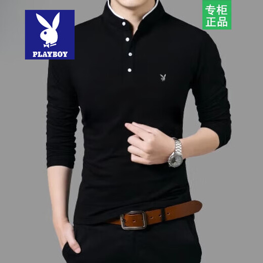 Playboy spring and autumn long-sleeved T-shirt men's stand-up collar pure cotton T-shirt bottoming shirt Korean version slim-fitting young men's tops trendy 1895 black (stand-up collar) single piece XL 175 recommended 135-150 Jin Jin equals 0.5 kg