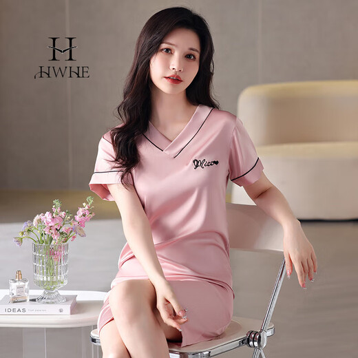 Hwhe Light Luxury Silk Silk Camiseta de manga corta para mujeres 2025 Summer Nuevo pijama sexy con almohadilla de cofre para mujeres 1345-arroz Color de albaricoque XL (120jin [Jin equivale a 0.5 kg] -140jin [Jin equivale a 0.5 kg])