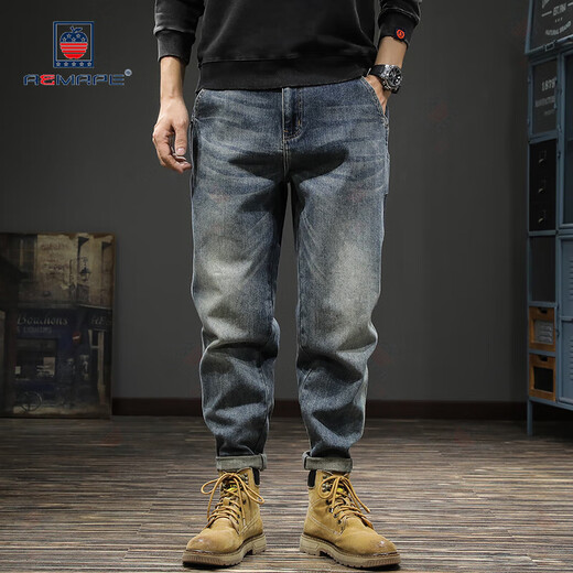 AEMAPE jeans men's summer fashion brand washing and old embroidered loose straight pants American retro Harunt trousers retro blue 28 suitable weight 90-110Jin [Jin equals 0.5 kg]