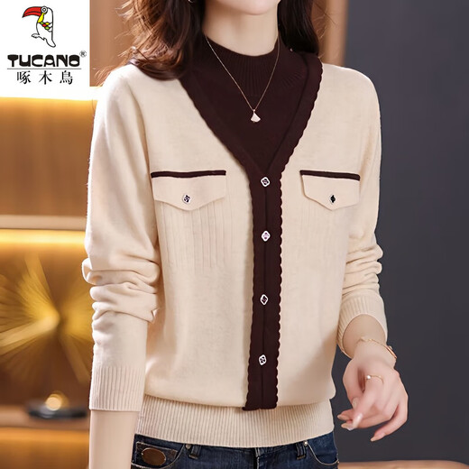Woodpecker fake two-piece sheep sweater women's autumn and winter new half turtleneck slim sweater color matching versatile knitted bottoming top off-white S