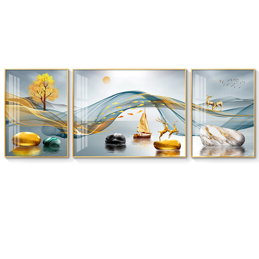 YWZR现代简约客厅装饰画沙发背景墙壁画大气轻奢三联画挂画镶钻晶瓷 HJ-3883-福禄双临 两边60*80中间120*80 尊贵黑框