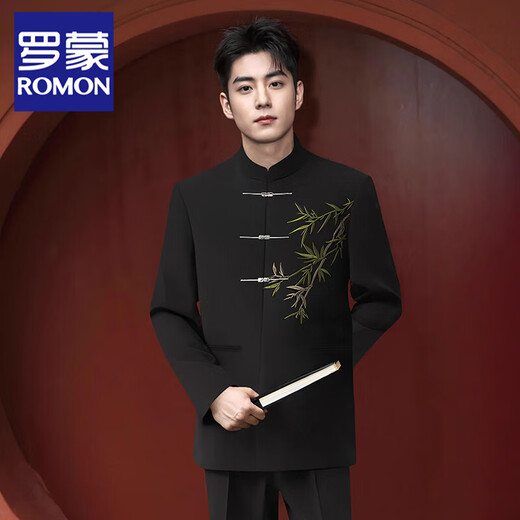 ROMON New Chinese Suit Embroidered Mao Suit Men's Groom Wedding Suit Engagement New Tang Suit Chinese Style Suit Black Suit + Pants XL