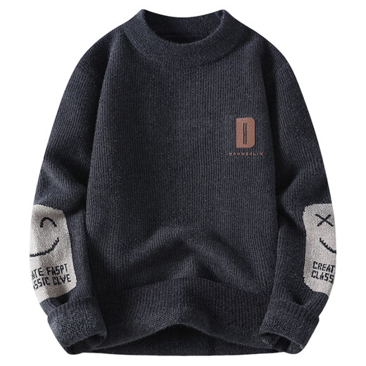 Long Taozi round neck sweater men's autumn and winter plus velvet thickened pullover base shirt trendy brand sweater jacket men M691 dark gray [round neck] 2XL