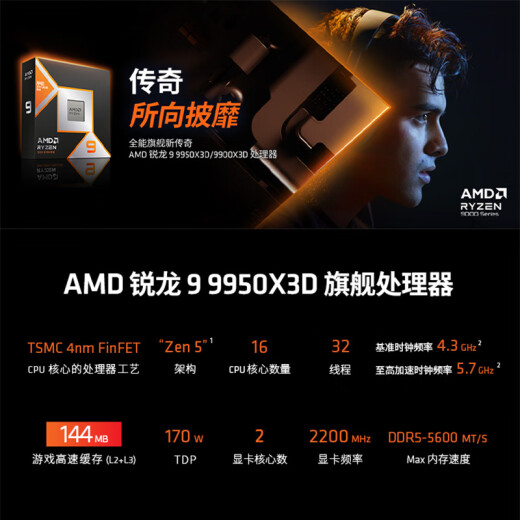 AMD锐龙9 9950X3D处理器16核32线程144MB缓存加速频率至高5.7GHz盒装CPU专业生产力 千帧电竞