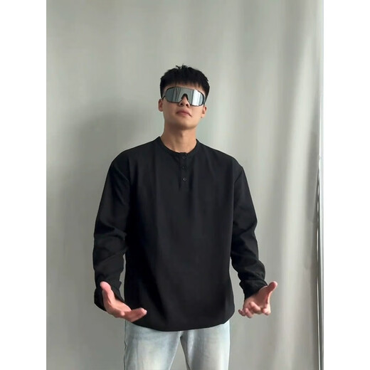 Digada cleanfit Henry neck long-sleeved T-shirt for men's spring and autumn summer new sweatshirt waffle American base shirt T-shirt CQS-1381 black plus velvet L