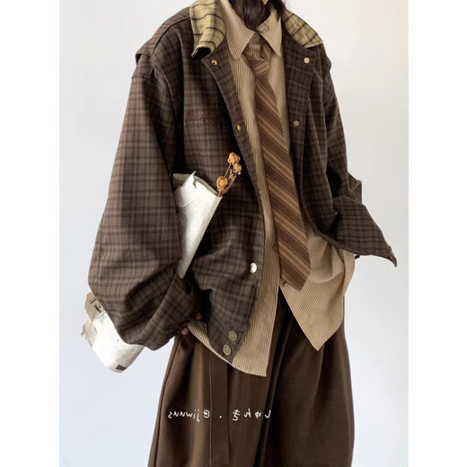 POUM Men's Co-branded Couple Plaid Jacket Men's New Japanese Retro College Style Loose Trendy Brand Youth Jacket Men NFJQ-W91 Coffee XL