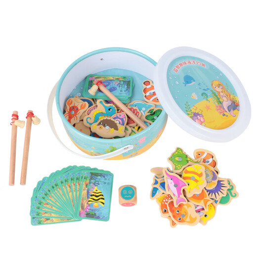 Children's magnetic fishing toy baby early education educational wooden fishing rod tool set 2 developed for 3 and a half years old game barrel best-seller 50 fish + 4 fishing rods + dice + ziplock bag