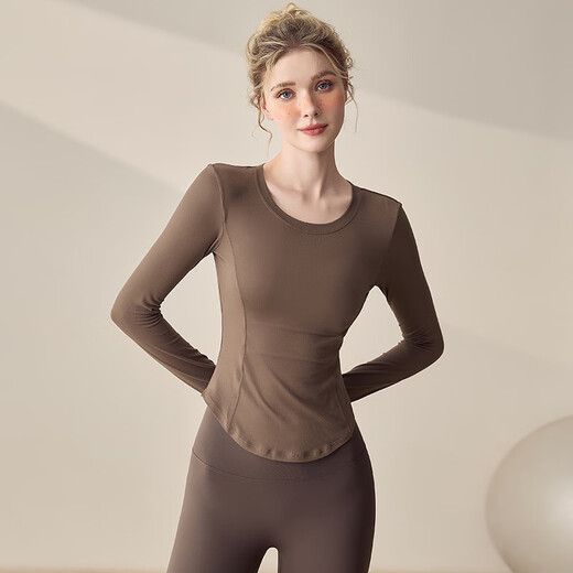 LULU CENTURY Autumn and Winter round neck running sports long-sleeved T-shirt women's slim slim yoga clothing top Pilates training fitness clothing chestnut brown L