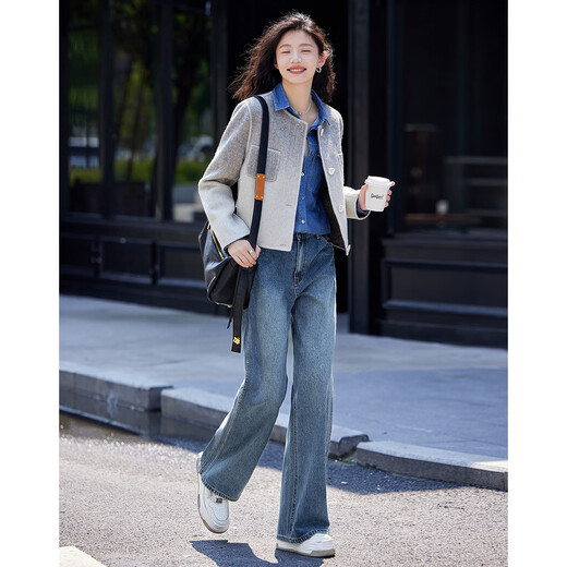 Demana Double Press Thread Decoration Autumn Waist Button Simple Straight Jeans for Women