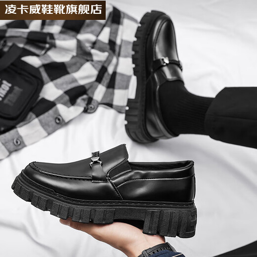 凌卡戚小皮鞋男年春季厚底增高一脚蹬懒人百搭休闲鞋英伦乐福鞋 JL-CL9901 黑色 39