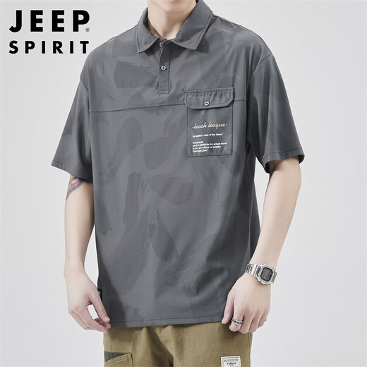 JEEP SPIRIT吉普短袖T恤男士POLO衫夏季冰丝高端上衣服潮工装半袖 灰色 XL
