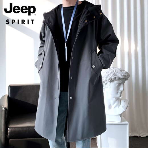 JEEP SPIRIT Men's Windbreaker Jacket Men's Spring and Autumn Mid-Length Coat Teenage Boys British Style Jacket Men's Black L 130-150Jin Jin is equal to 0.5 kg