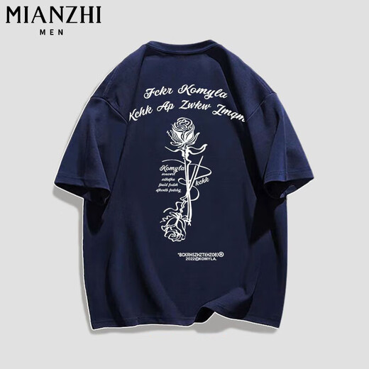 棉致重磅纯棉圆领短袖T恤女夏季宽松印花五分半袖薄款休闲上衣打底衫 B11979藏青色【高品质18.5】 L 100-115斤