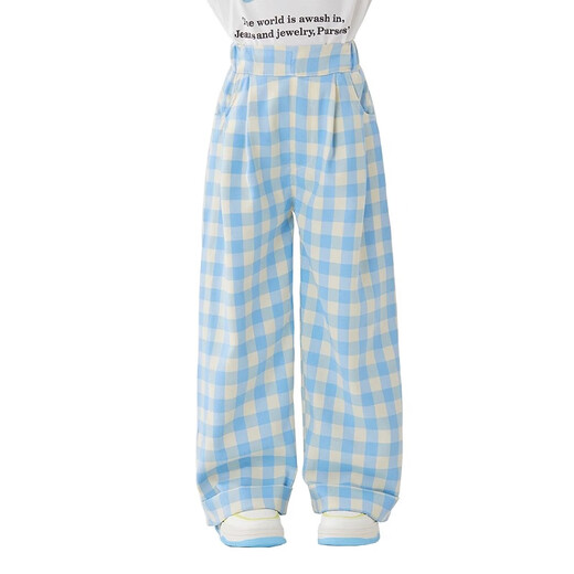
moonkids girls wide-leg pants spring new straight-leg casual pants children's fashionable blue plaid pants 2025 spring clothes big children 15266 blue plaid + 15279 blue 110 cm
