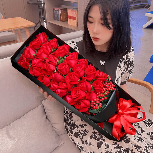 Laiji Flower Express Rose Gift Box Bouquet Confession Gift for Girlfriend Birthday Gift Nationwide Delivery 33 Red Rose Gift Box Acacia