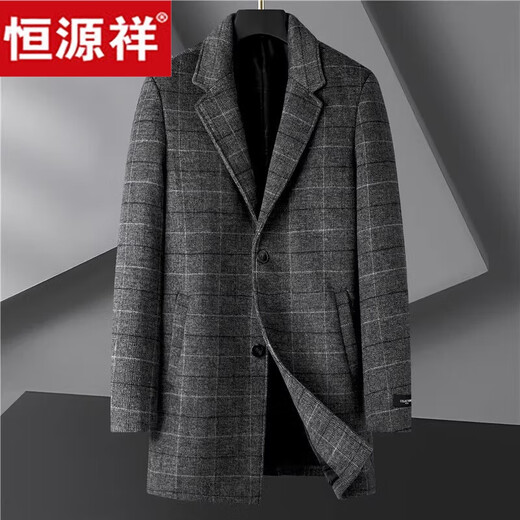 Hengyuanxiang large size plaid woolen coat men's medium-length thickened coat autumn and winter loose fat woolen windbreaker gray 5XL recommended weight 220-240Jin Jin equals 0.5 kg