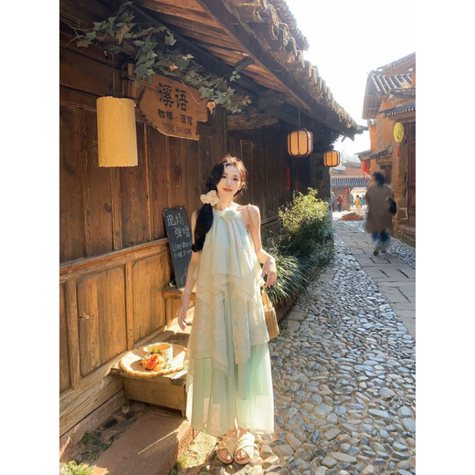 Bei Xianqi 2025 summer new style spliced ​​vacation temperament sweet temperament seaside sleeveless loose dress Mint green dress M