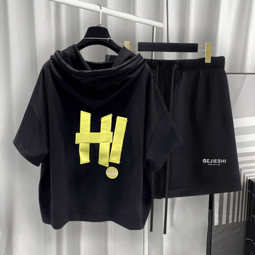 Summer Pinli Hong Kong Style Hooded Short Sleeve Set Men's Summer Trendy Printed T-shirt Complete Set Black t5019+Black 9215 S Suitable (85-105Jin[Jin equals 0.5 kg])