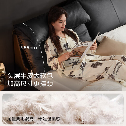 Lin's home leather bed can be folded and packed with a large bedside bed, cowhide soft bag 1m 8 ribs double bed PC835 black tea floor bed 1.8*2m