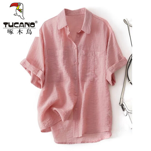
Woodpecker (TUCANO) Tiansi Ramie Short Sleeve Shirt for Women in European Summer Light and Breathable Fashionable Literary Style Loose Casual Lapel Top Pink L [Suggested 110-130Jin [Jin equals 0.5 kg]]