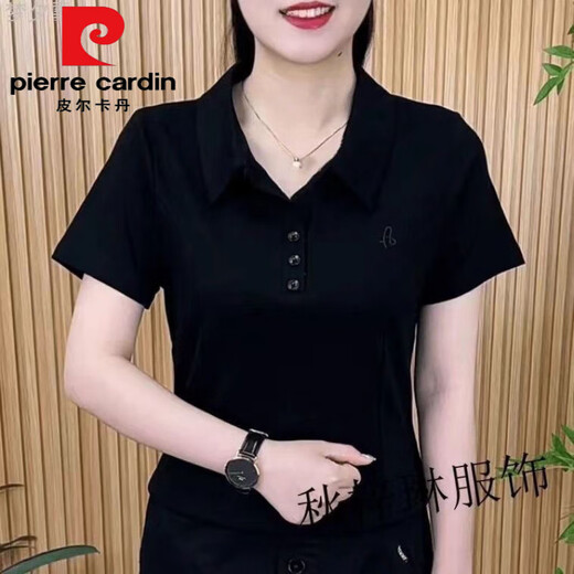 皮尔卡丹（pierre cardin）女士夏季polo衫翻领短袖t恤中年妈妈显瘦运动2025新款遮肚子上衣 9929黑色今年流行的轻奢品牌 4XL 建议160-175斤