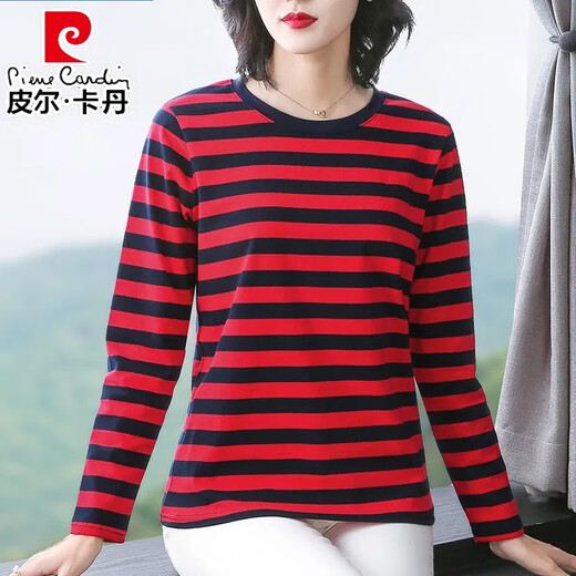 Pierre Cardin Loose Lose Long Ärmel-T-Shirt für Frauen 2025 Frühling und Herbst Neues modisches inneres Basishemd sowie vielseitiges Frühspring-T-Shirt Top für Frauen 6623 Gelb [Big Stripes l Vorschlag [105-120jin [Jin gleich 0,5 kg]