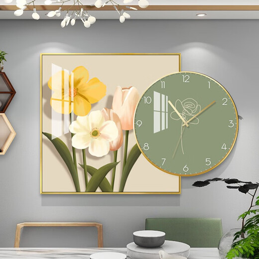 
Nordic simple and fashionable restaurant with clock combination decoration paintings, light luxury dining room background wall hanging paintings, crystal porcelain paintings, TXMG12608 60*60cm+round diameter 40cm, total length 80 elegant