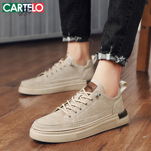 CARTELO crocodile shoes men's 2025 autumn and winter casual shoes men's shoes fashionable British style leather shoes trendy soft sole shoes beige 43