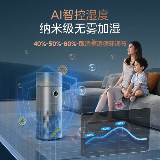 Midea formaldehyde detection digital display humidification purifier black technology decomposes formaldehyde and removes odors and smoke fresh air system sterilization and pollen allergen removal home formaldehyde digital display KJ650G-RX600 ProH