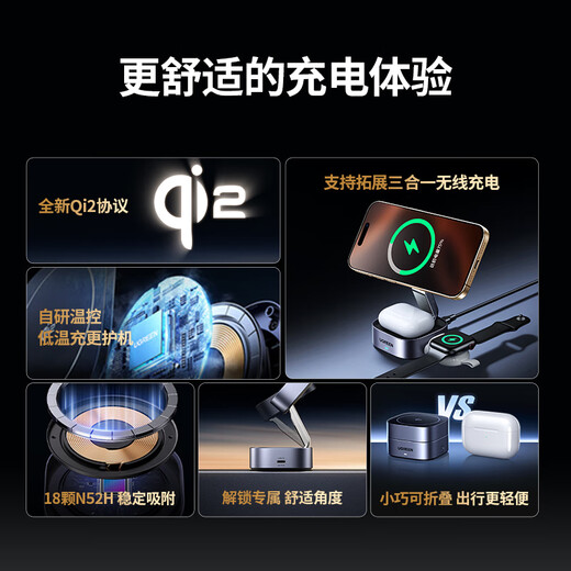 绿联Qi2认证适用苹果无线充电器MagSafe磁吸支架15W快充iPhone16/15/14ProMax苹果耳机充电板便携折叠