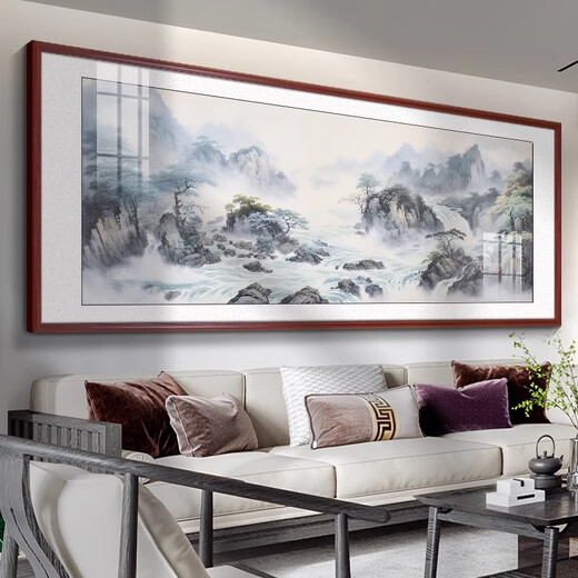 Linyu living room hanging painting landscape landscape painting new Chinese style sofa background wall decoration painting tea room office mural ink water flow to make money - B style 120*50cm teak color solid wood frame glossy crystal porcelain style