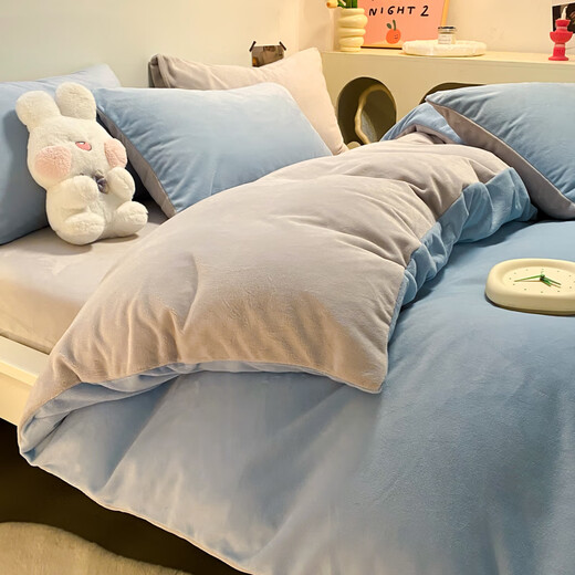 Lady Laura Fuanna's Class A milk velvet bed four-piece winter double-sided velvet thickened coral velvet quilt cover customized baby blue + light gray - bed sheet style 1.8m bed sheet four-piece quilt cover 200*230