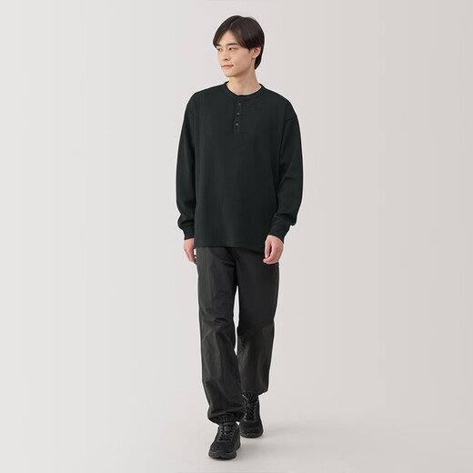 MUJI Men's UV Protection Waffle Henry Collar Long Sleeve T-Shirt Men's Bottoming Shirt Men's Spring Black XL (180/104A)