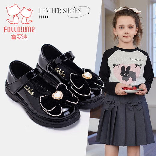 Fuluo Mi Girls' Leather Shoes Spring and Autumn New Rhinestone Bow Black Performance Shoes Soft Sole Princess Shoes Black 35