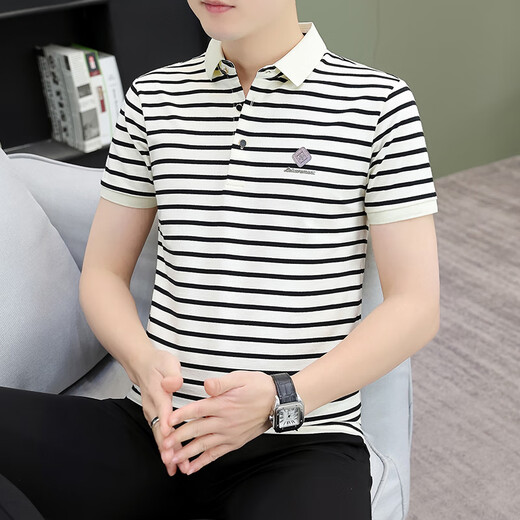 UOSO International First-Line Luxury Herren hochwertiger Streifenpolo-Pullover Revers Short Sleeve T-Shirt Herren Sommer halb Ärmel Männer Schwarz-Weiß Striped Q753 Lapel Short Sleeve m