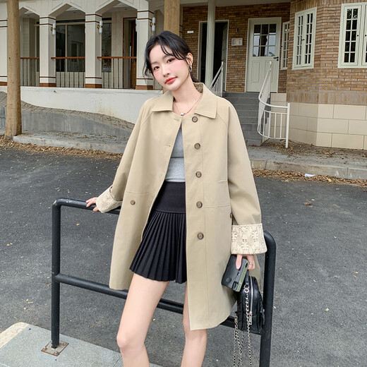 皮尔卡丹卡其色设计感蕾丝拼接风衣外套女2025春季韩系宽松显瘦中长款大衣 卡其色 常规 L （ 121-135斤）