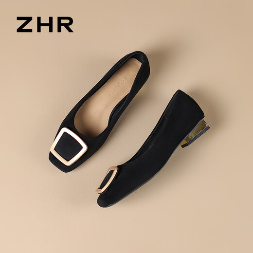 ZHR Single Shoes weiblich elegant intellektuell flachem Mund Dicke Fersenschuhe Pendelstil Square Head Boat Schuhe Frauen BL527 Schwarz 37