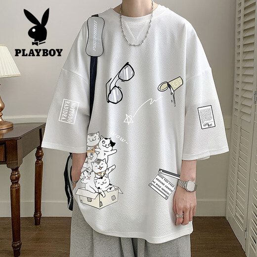 Playboy (PLAYBOY) Men's Short-sleeved T-shirt Summer Ice Silk New Fashionable Brand Hong Kong Style Kitten Printed Top Teenager Cubic Sleeve T-shirt TQ11115B Black + Q11162B Black L About 110~125Jin [Jin equals 0.5 kg] Can be worn