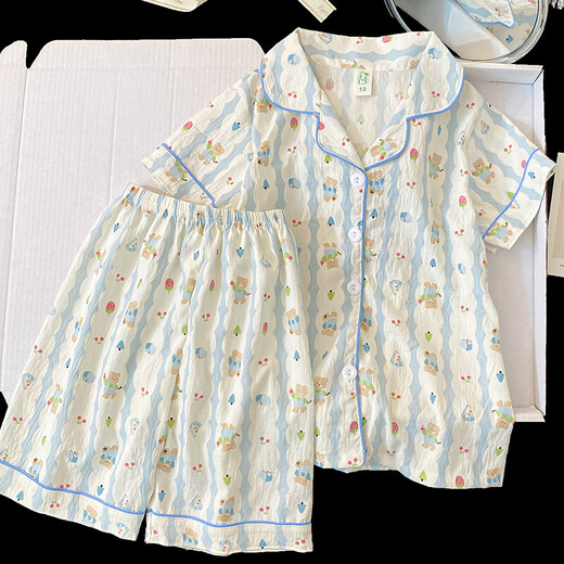
Bear children's pajamas for women in summer short-sleeved little girl 2025 new sweet girl home clothes kids suit 753# soft skin-friendly [short-sleeved + shorts] 160 [M code] 150-160CM 85-100Jin[Jin equals 0.5 kg]