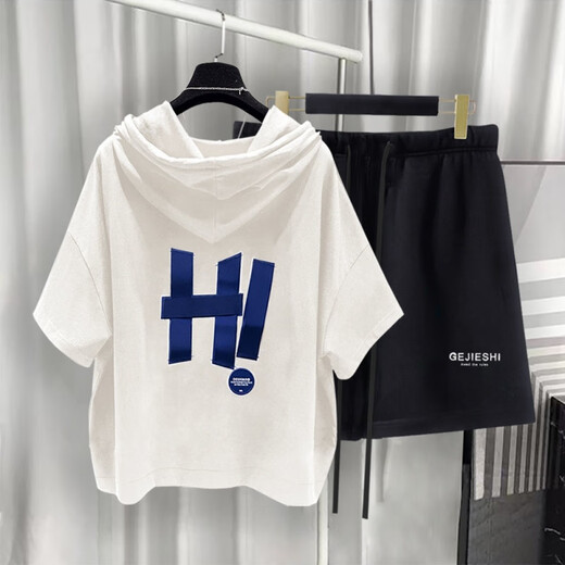 Yushida Hong Kong-Stil mit Kapuze mit Kurzärärmelanzug Herren Sommer Trendy Printed T-Shirt Handsome Ganze passende weiße T5019 + Black K9215 S Geeignet (85-105jin [Jin gleich 0,5 kg]))