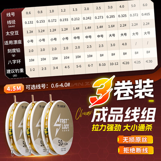 Chuanze knot-free fast locking line group main line group imported fishing line set finished nylon 4.5 meters No. 2.0 [3-volume]