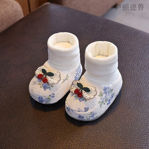 伊顿德鲁婴儿鞋防掉3-6-12月新生儿步前鞋子宝宝软底布鞋手工春秋不掉 米色樱桃 11 内长cm