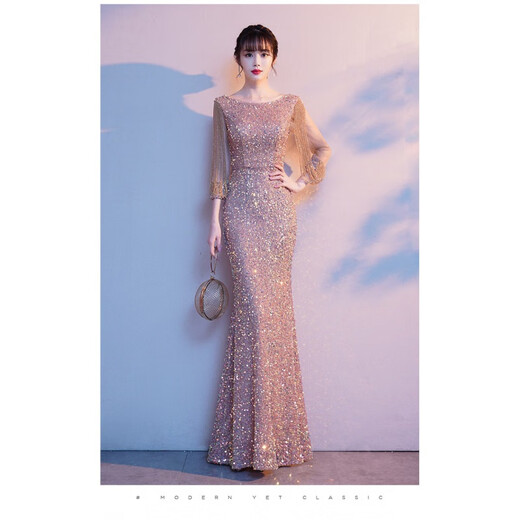 Zhufan high-end annual meeting female host dress evening girl 2025 new sequined temperament light luxury niche fishtail toast dress khaki M