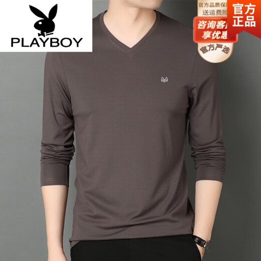 花花公子（PLAYBOY）品牌高端男装 2021春秋季V领桑蚕丝长袖T恤男莫代尔鸡心领打底衫 BB1506黑色 XL 180/115